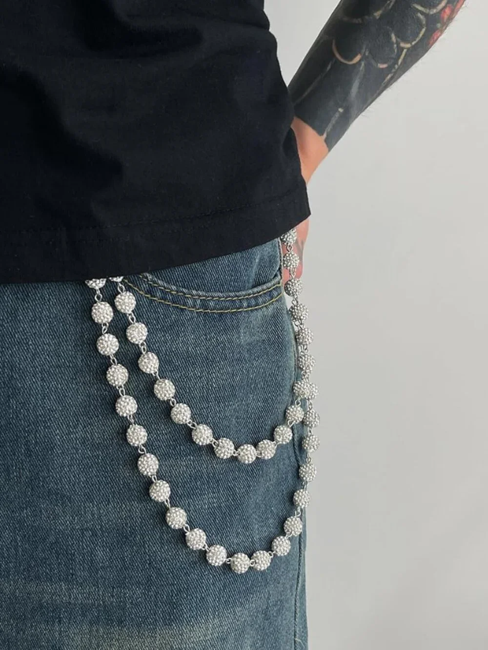 Rhinestone Ball Jeans Chain, Double Layer Crystal Waist Chain, Silver & Blue Spa